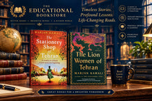 Load image into Gallery viewer, Two hardcover books by Marjan Kamali displayed side by side on a white background: 'The Stationery Shop of Tehran' on the left with a warm orange-toned illustration, and 'The Lion Women of Tehran' on the right with a dark green background and a stylized lion in pink, purple, and orange.